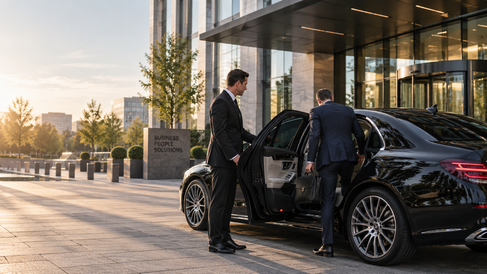 Ankunft eines Geschäftspartners vor einem Unternehmensgebäude – TAUNUS Limousinenservice