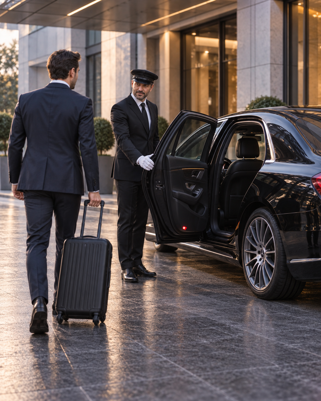 Chauffeur begrüßt einen Geschäftspartner am Fahrzeug