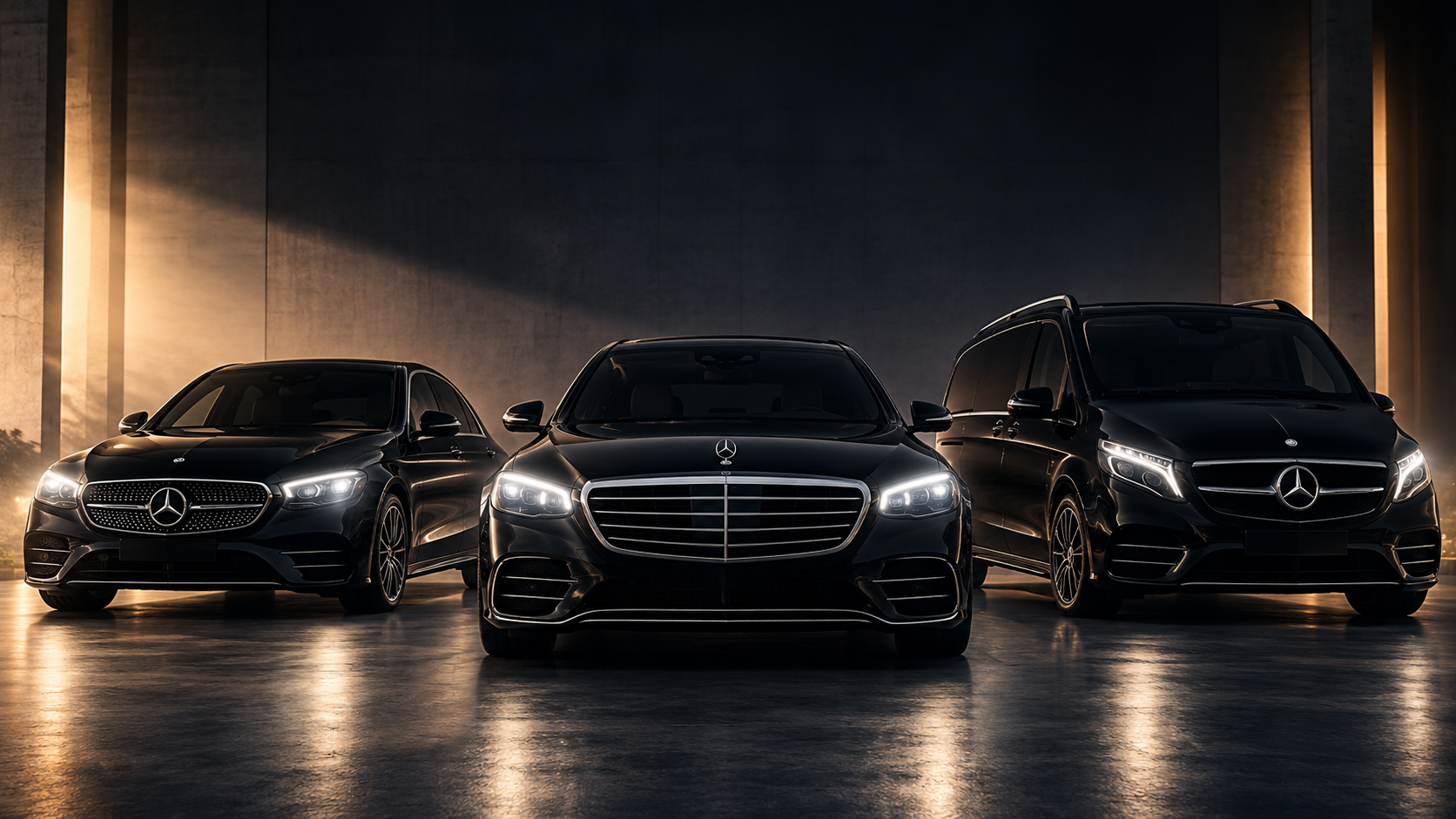 Mercedes-Benz E-Klasse, S-Klasse und V-Klasse des TAUNUS Limousinenservice nebeneinander