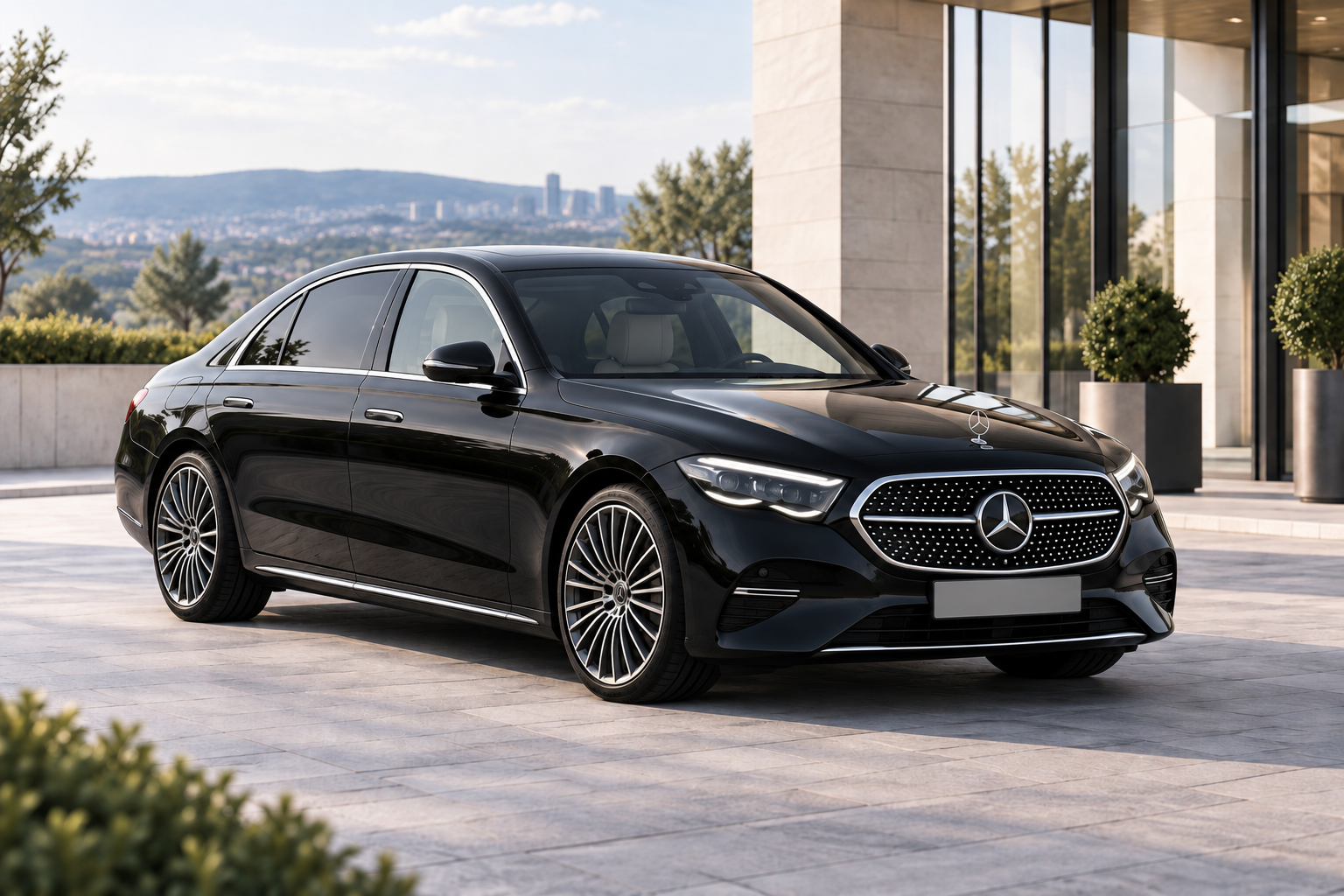 Schwarze Mercedes-Benz E-Klasse (Modelljahr 2025, W214) in Dreiviertel-Frontansicht