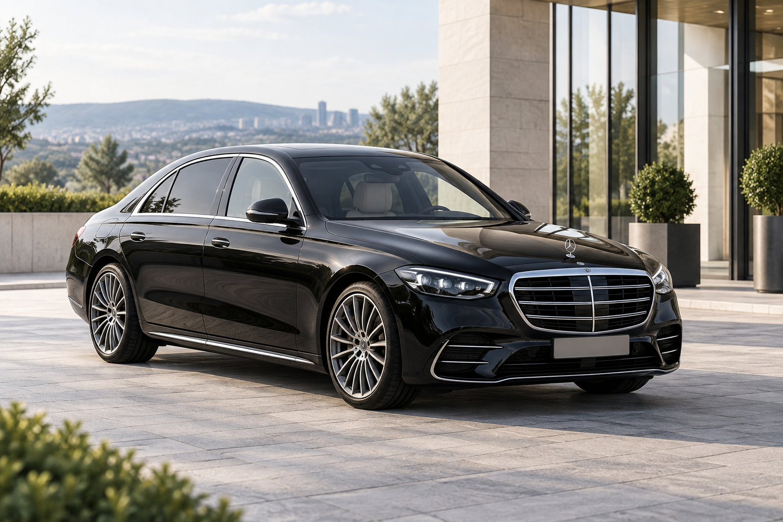 Schwarze Mercedes-Benz S-Klasse in Dreiviertel-Frontansicht