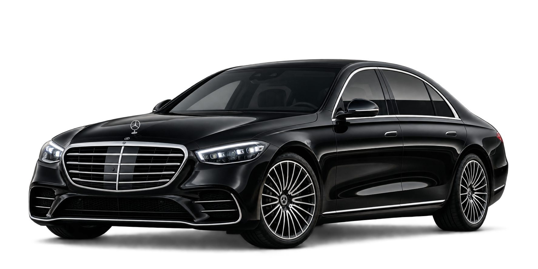 Mercedes-Benz S-Klasse in Schwarz, freigestellte Dreiviertelansicht