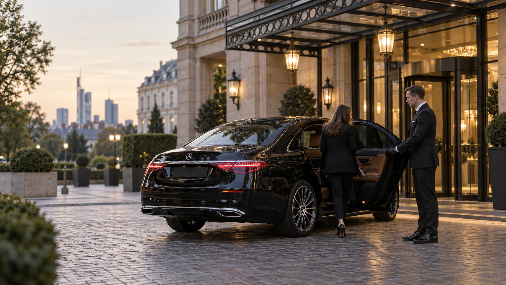 Chauffeur öffnet die hintere Tür einer schwarzen Mercedes-Benz S-Klasse vor einem beleuchteten Hoteleingang