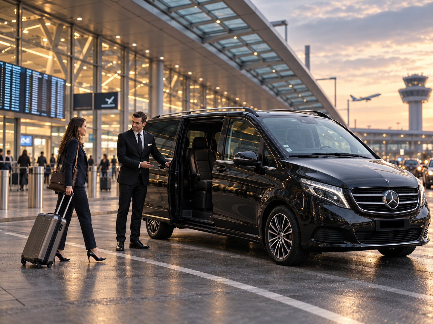 Chauffeur begrüßt einen Gast mit Gepäck neben einer schwarzen Mercedes-Benz V-Klasse vor einem Flughafenterminal