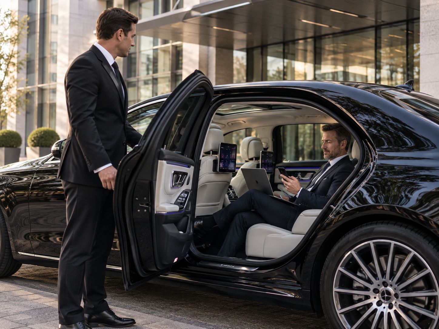 Chauffeur hält die Fondtür einer schwarzen Limousine für einen arbeitenden Fahrgast offen